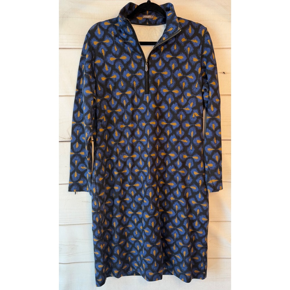 J.McLaughlin Womens XL Blue Mustard Ikat Print Half Zip Long Sleeve Sheath Dress
